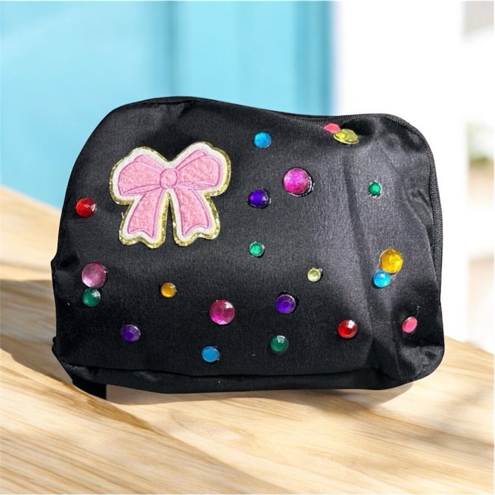 Black Go Everywhere Belt Bag with Pink Bow and Colorful Gems